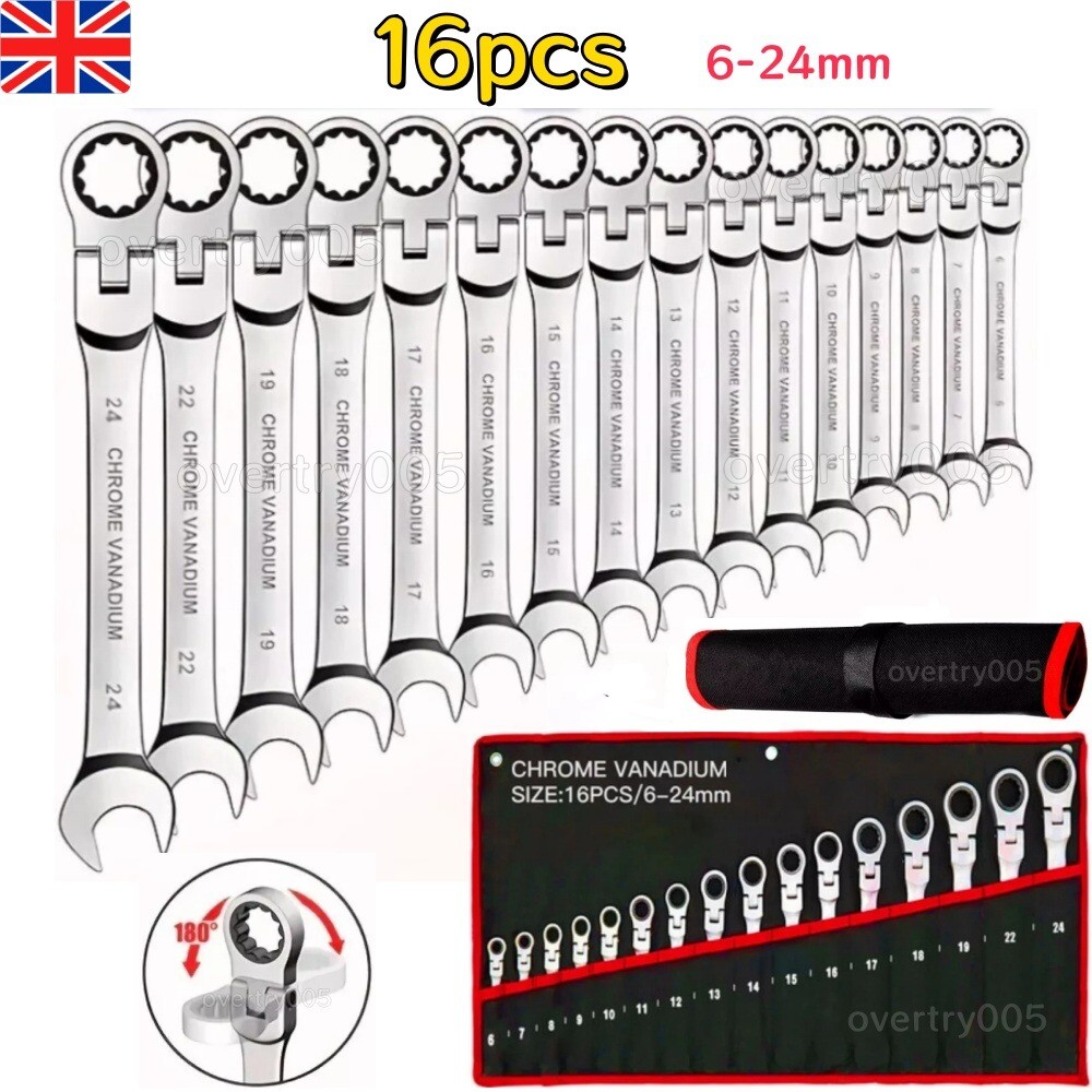 16 Pcs Flexible Head Ratchet Spanner Set 6-24mm Metric Wrench Automotive Tool UK