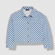 Aqua Kids Girl's Blue Denim Checker Collared Cropped Basic Jacket Size XL