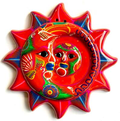 Mexican Sun Moon Face Eclipse Folk Art Talavera Pottery Hand Painted 11''  #23