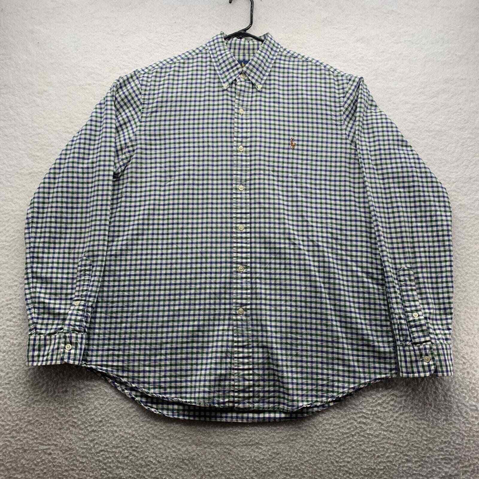 PONY Camicia abbottonata Ralph Lauren da uomo grande L blu verde a scacchi bianco Preppy casual