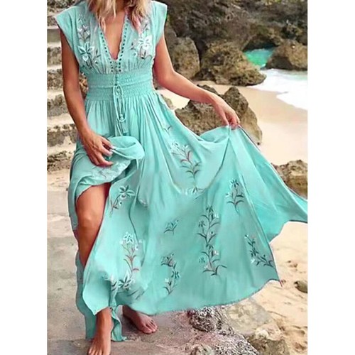 Abito Scollo V Maxi T-Shirt Vestito Prendisole Donna Boho Floreale Senza Maniche Spiaggia - Foto 7 di 15