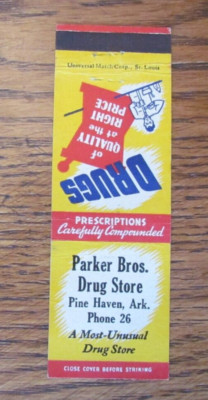 PARKER DRUG STORE MATCHBOOK COVER: PINE HAVEN, ARKANSAS 1940s MATCHCOVER -B9
