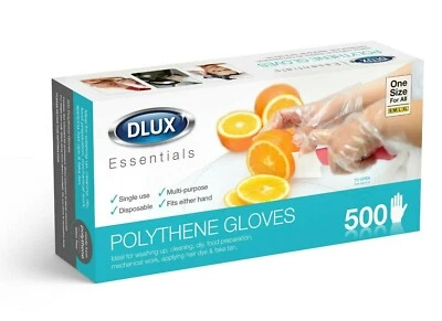 DLUX ESSENTIALS Polythene Disposable Gloves 500 Pack BoxClear Catering Hairdressers DIY Cleaning