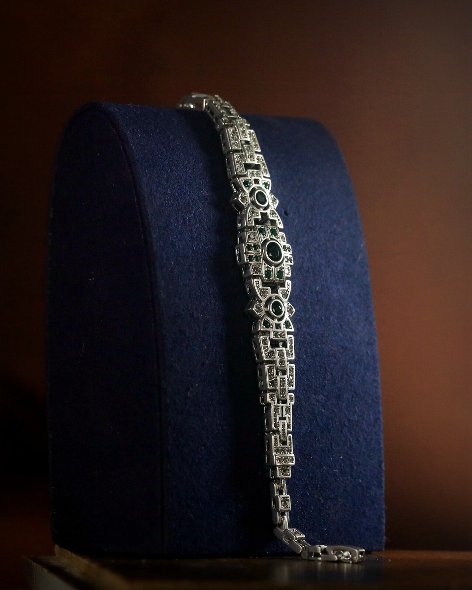 Bracelet Argenté Vintage Art Déco – Motif Floral Avec Cristaux Bleus, Style Années 20