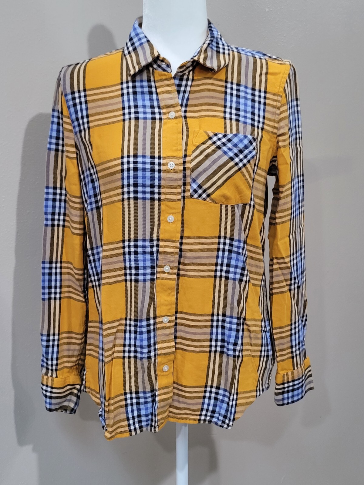 Old Navy The Classic Shirt Women's Yellow/Blue Plaid Flannel Medium