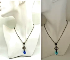 Blue Glow-In-The-Dark Luminous Glass Filigree Scroll Pendant 20" Necklace