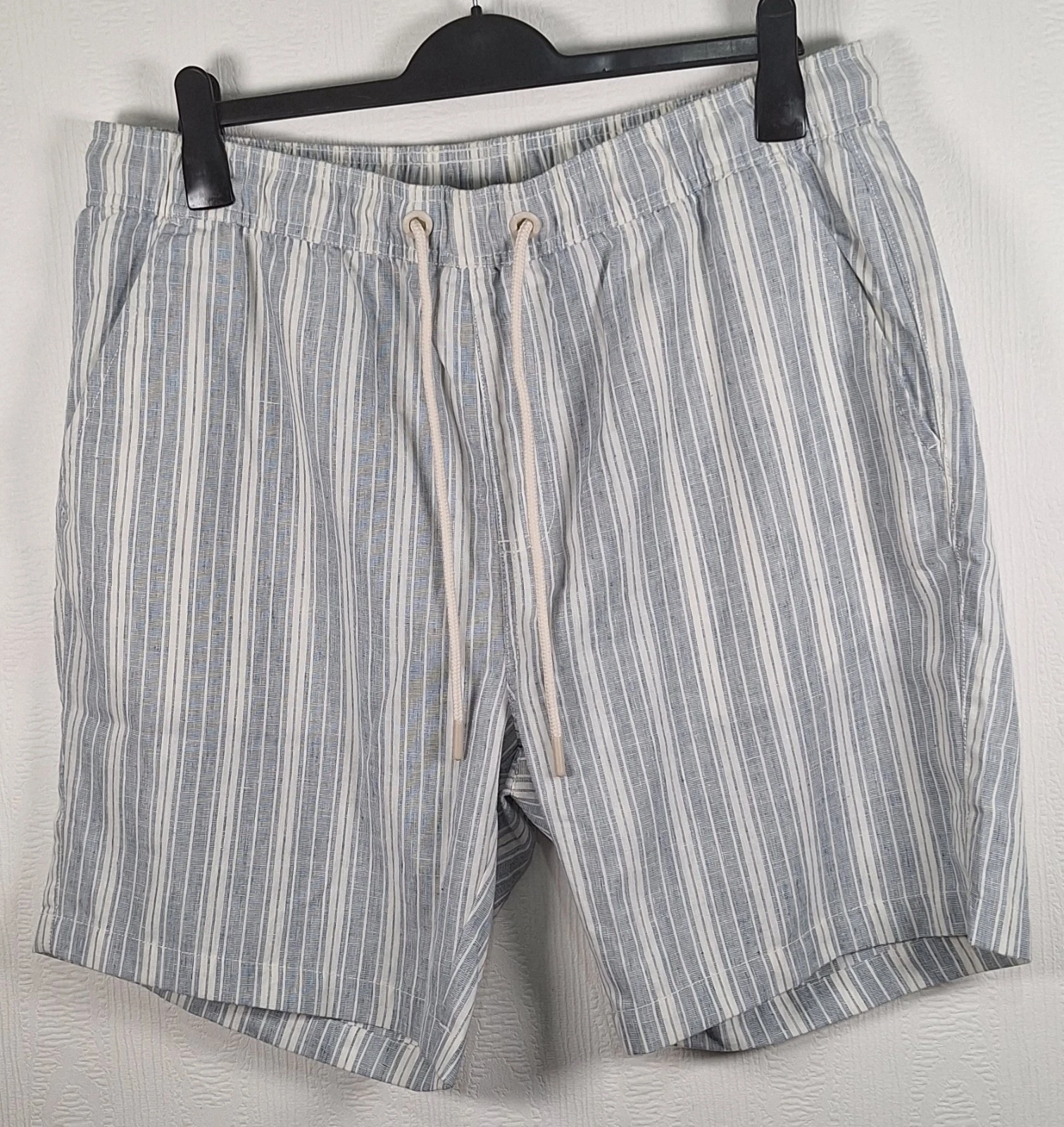 Folk Powell Shorts Linen Blend - Navy Ecru Stripe, Size X LARGE - New With Tags