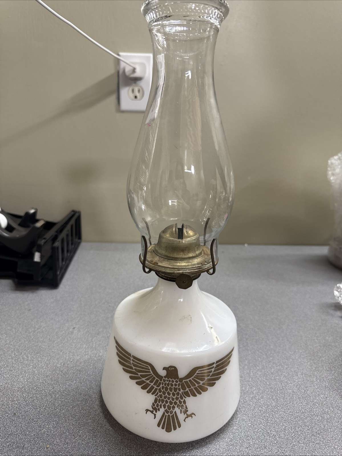 Vintage Milk Glass Kerosene Lamp w/Golden Eagle Design Eagle Burner