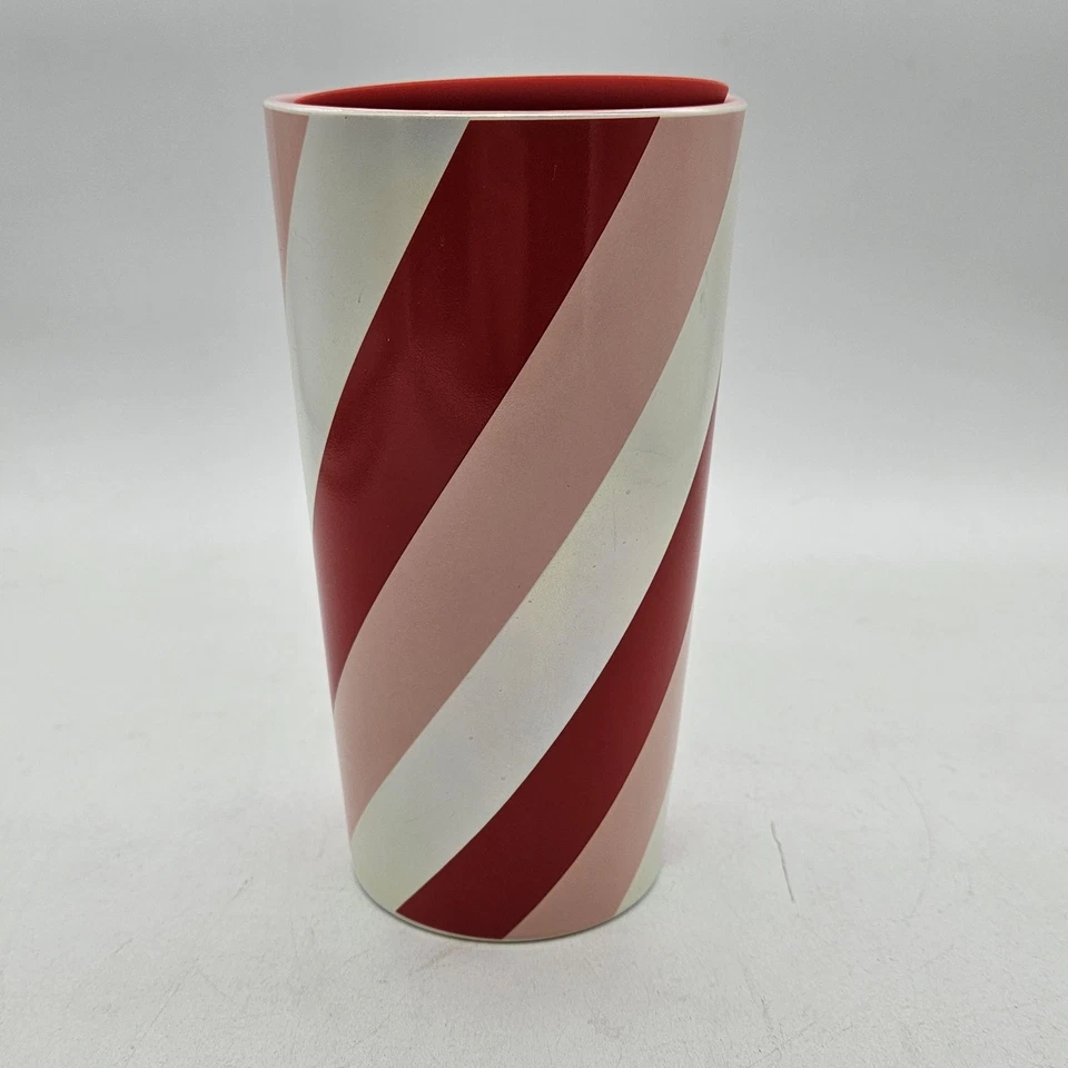 Taza de viaje de cerámica Starbucks de 12 oz vaso bastón de caramelo rayas rojo rosa con tapa Foto 2 de 4