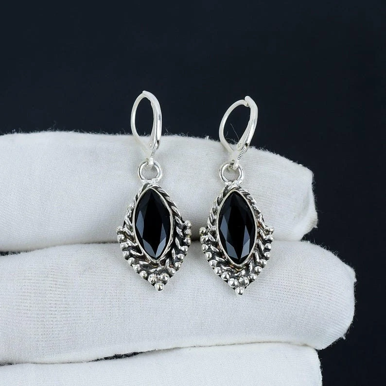 925 Sterling Silver Black Spinel Gemstone Handmade Jewelry Earring Size-1" - Image 3 of 4