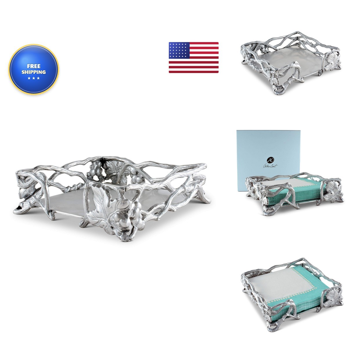 Arthur Court Grape Open Vine Napkin Holder - Aluminum - 7.25 inch Square