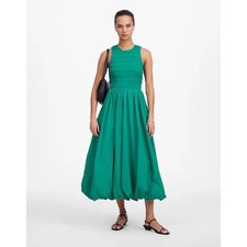 Madewell The Melody Bubble-Hem Smocked Midi Dress in Poplin Verdant Green NWT