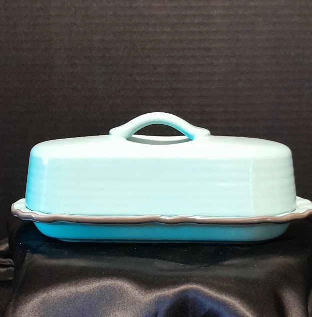 Chantal 93-EDBD Aqua w/Brown Trim Ceramic Butter Dish