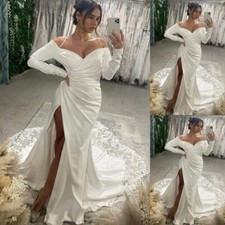 Satin Wedding Dresses with Side Split Long Sleeves Lace Sweep Train Bridal Gowns