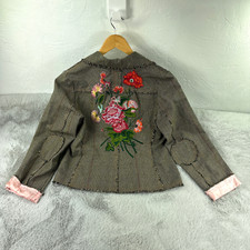 Paparazzi Jacket Womens Large Brown Plaid Floral Embroidered Boho Cottage Blazer