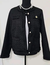Ivy StoreHouse Medium CardiganJacket Tweed Pearl Buttons Lined Black Classy NWOT