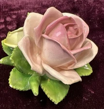 Vintage Handarbeit KSK Porcelain Pink Rose/Yellow Rose Bud/Green Leaves