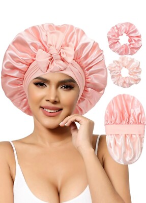 Women Satin Night Sleep Cap Hair Bonnet Reversible Hat Wide Elastic Band 