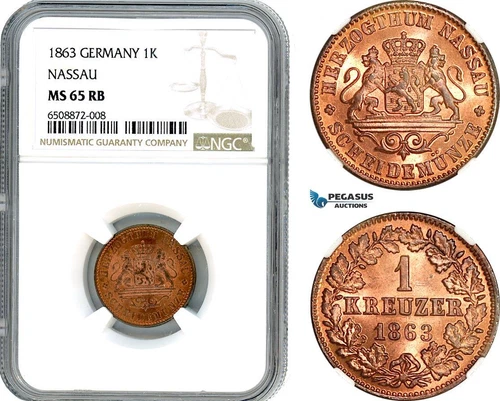 AH862, Germany, Nassau, 1 Kreuzer 1863, Wiesbaden Mint, NGC MS65RB