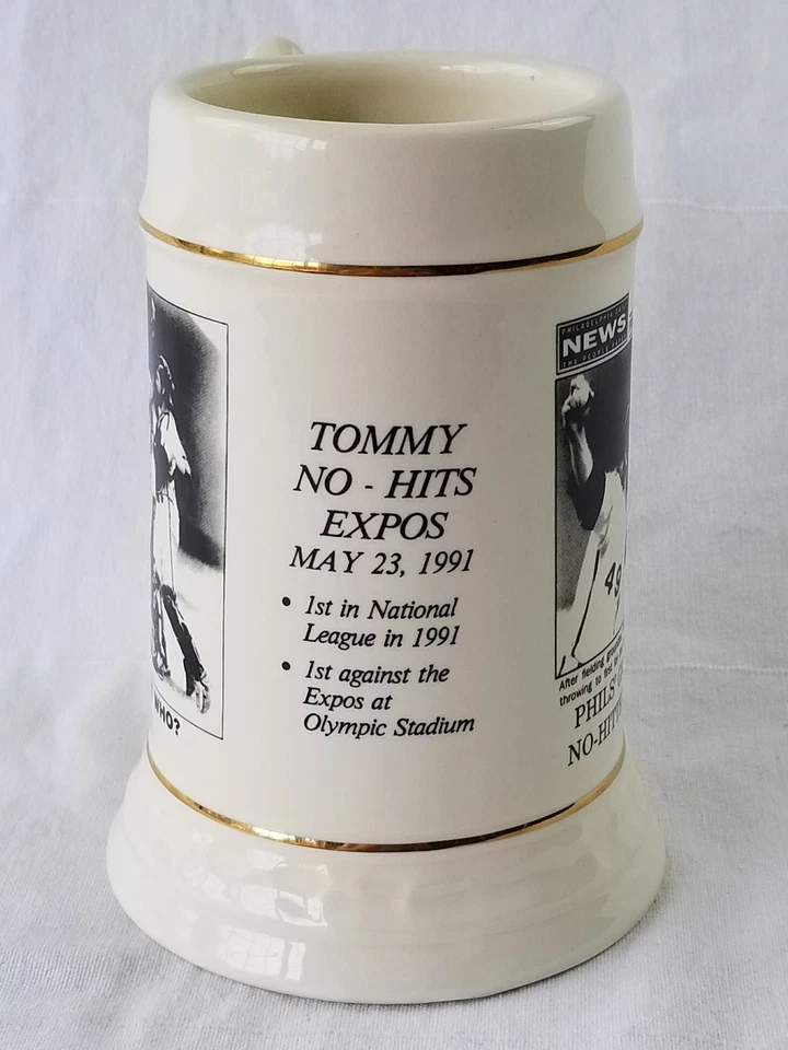 Taza vintage 1991 Tommy Greene MLB Philadelphia Phillies sin hitter Stein 28 oz  Foto 2 de 4