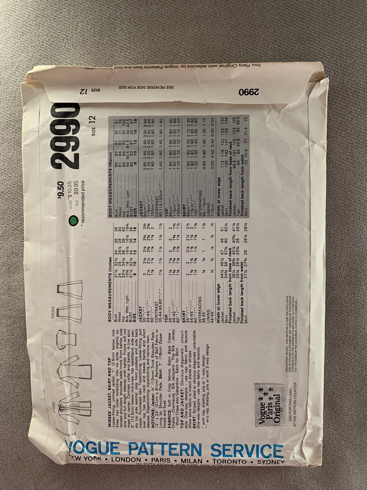 Giacca gonna top Vogue Yves Saint Laurent modello 2990 Misses taglia 12 non tagliata