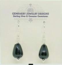 Sterling Silver Natural BLACK ONYX Teardrop Dangle Earrings...Handmade USA