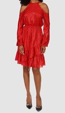 $165 Michael Kors Women's Red Printed Ruffled Cold-Shoulder Dress Size XS