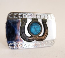 Vintage Lucky Horseshoes Brass over Chrome and Turquoise Western Belt Buckle 3"