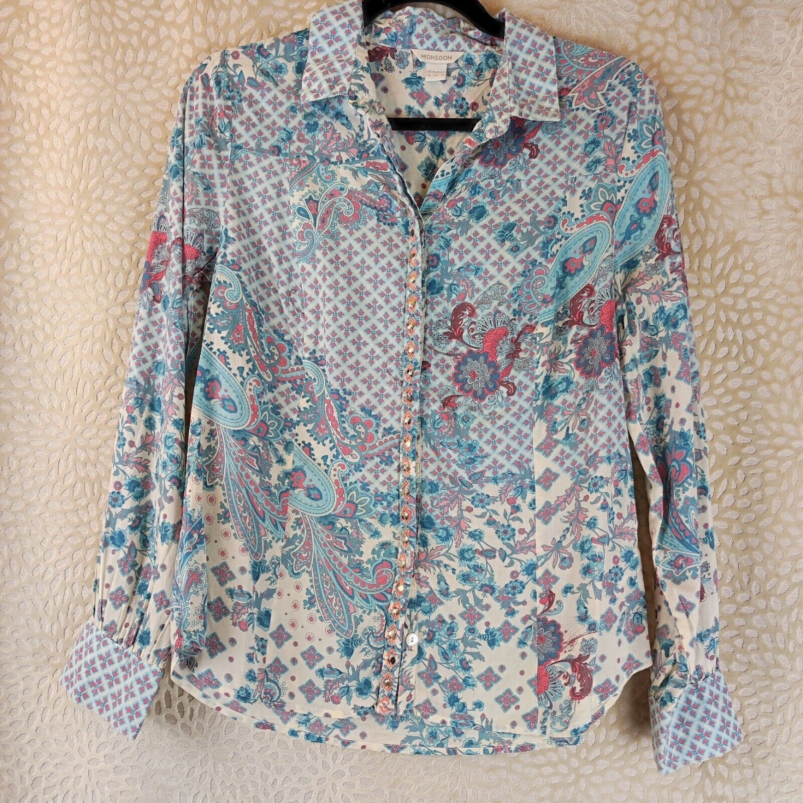 Camisa Monzón Mujer Estampado Paisley Botón Abajo Cuentas Detalle Talla UK...