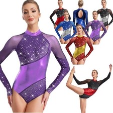 Womens Gymnastics Leotards Long Sleeve Keyhole Back Shiny Rhinestones Bodysuit