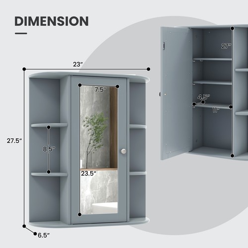 Costway Wall Mount Cabinet Single Door Shelves Bathroom Cabinet W/ Mirror Grey - Picture 2 of 8