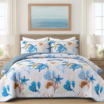 Coastal Quilt Set Queen Size 3 Piece,Summer Beach Bedspread Coverlet Lightwei...
