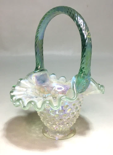 Vintage Fenton Willow Green Opalescent Hobnail Glass Basket