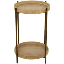 Rattan Side End Accent Table 2 Tray Shelves End Table with Metal Bamboo Inspi...