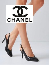 CHANEL CC Black Quilted Cap Toe Leather Slingback Stiletto Pumps 8
