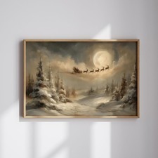 Santa Sleigh Poster Vintage Christmas Wall Art Print, Reindeer Holiday Decor