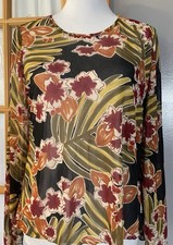 Women’s Blouse Sz L Red Orange Olive Floral USA Made Vintage 80s Long Sleeve