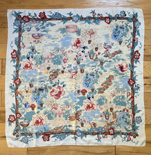 TALBOTS SILK SCARF, GARDEN SCENE W/ FLOWERS  ANIMALS, 34 X 35", JAPAN, PRISTINE
