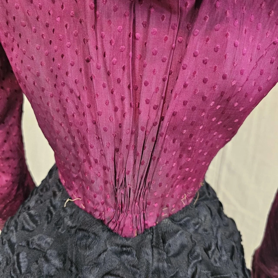 Bright Pink Red Black Velvet Trim Antique Victorian Blouse Top Shirt High Neck - Image 2 of 4