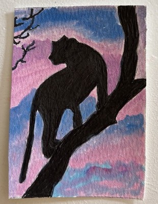 ACEO Original Art Card Black Panther Silhouette Sunset Miniature OOAK Drawing