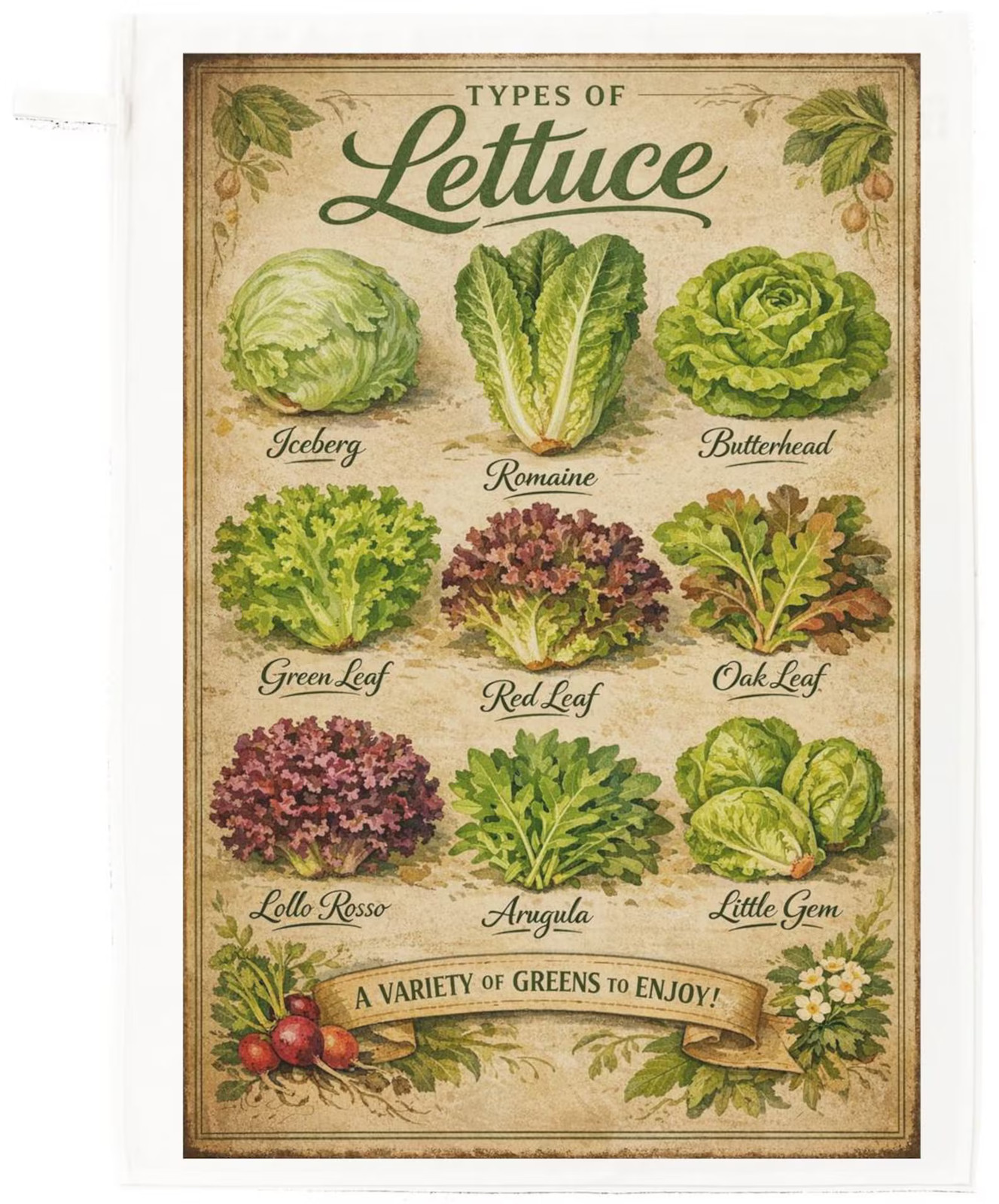 Types of Lettuce cotton tea towel
