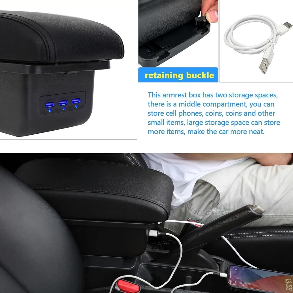 Caja reposabrazos para Nissan Versa 2012-2019 almacenamiento de doble capa con 3 puertos USB Foto 4 de 4