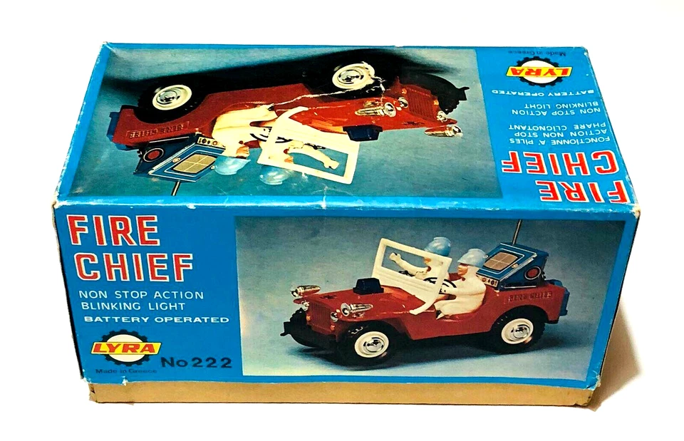VINTAGE LYRA No222 FIRE CHIEF JEEP BATTERY OPERATED GREEK USED IN BOX RARE - Image 3 of 4