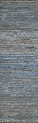 Trellis Wool Blue Moroccan Oriental Runner Rug 3x12 Hand-knotted Hallway Carpet