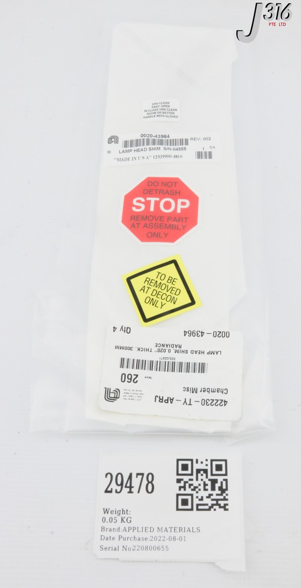 オーダー  専用   ページ 29478 APPLIED MATERIALS LAMP HEAD SHIM, 0.020
