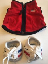 Build a Bear Vintage Red Fleece Vest With Flag & Red White Blue Sneakers