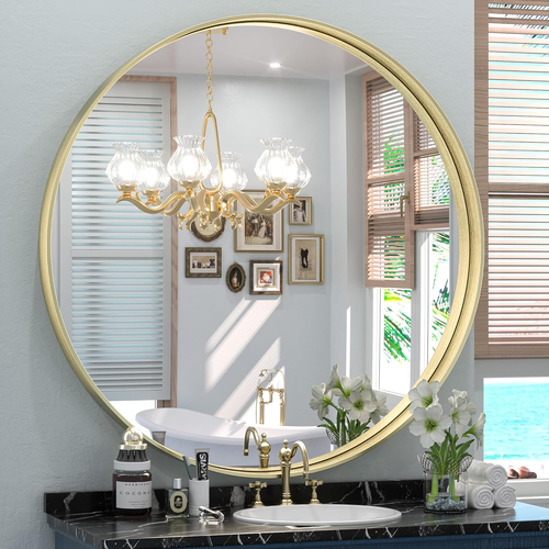 round Gold Bathroom Mirror 36 Inch Metal Framed Gold Vanity Mirror for Wall, Lar