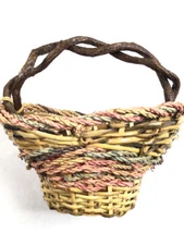 Gorgeous Vintage Basket Wood & Wicker Braided Handle Unique Primitive Decor Home
