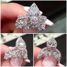 925 Silver Women Ring 2 Pcs/Set Pretty Cubic Zircon Wedding Jewelry Sz 6-10