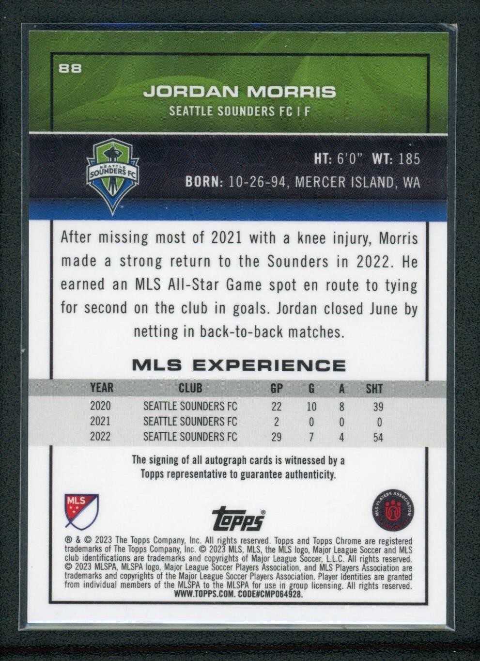2023 JORDAN MORRIS 25/99 AUTO TOPPS CHROME SEATTLE SOUNDERS FC 